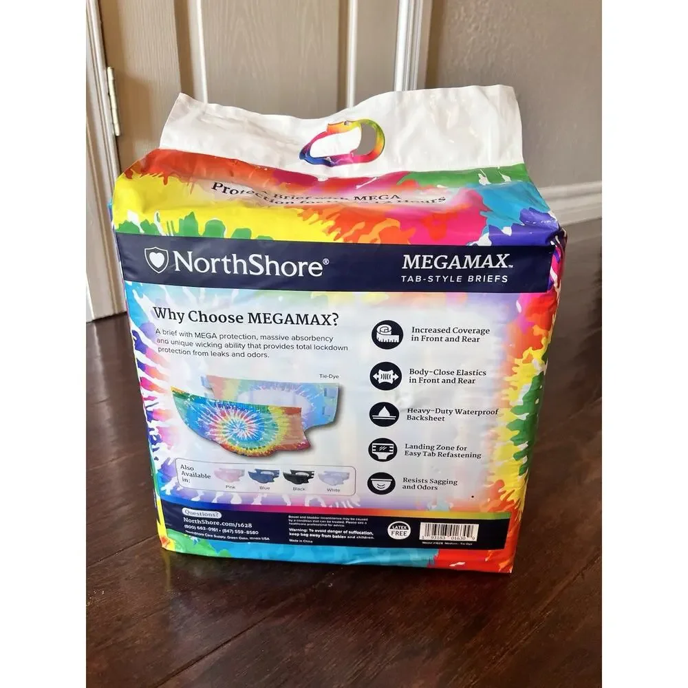 NorthShore MEGAMAX TAB-STYLE BRIEFS Tie-Dye 10 Adult Diapers Sz M 32-44in 12 Hrs